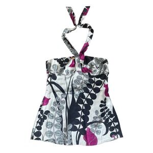 Trina Turk Silk Halter Top Tropical Floral Print Small White Pink Black y2k
